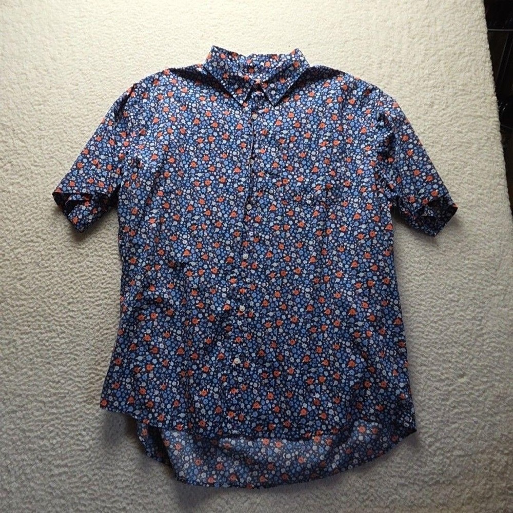 Free Assembly Shirt Mens 3XL Blue Floral Short Sleeve Cotton Linen Button-Up